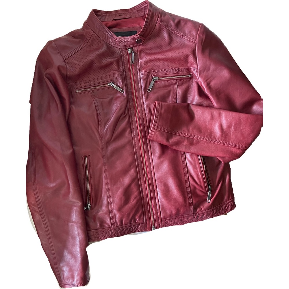 Soft lamb skin leather cherry red ladies jacket. Size M. Worn approx 5 times